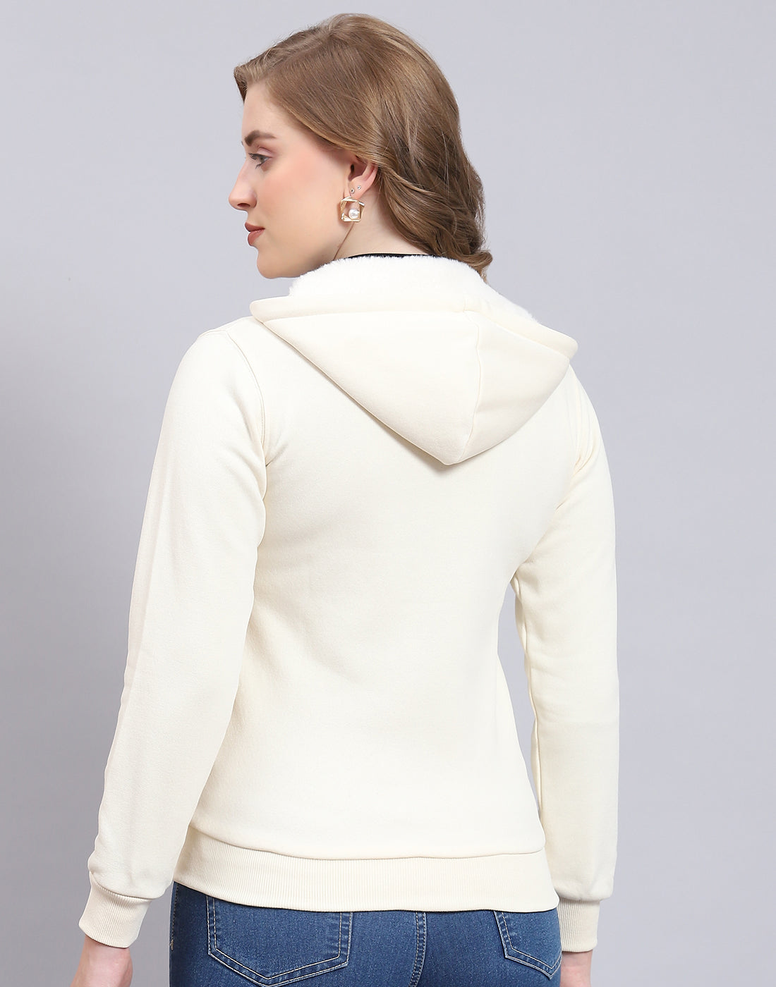 Women Cream Solid Hooded Full Sleeve Sweatshirt