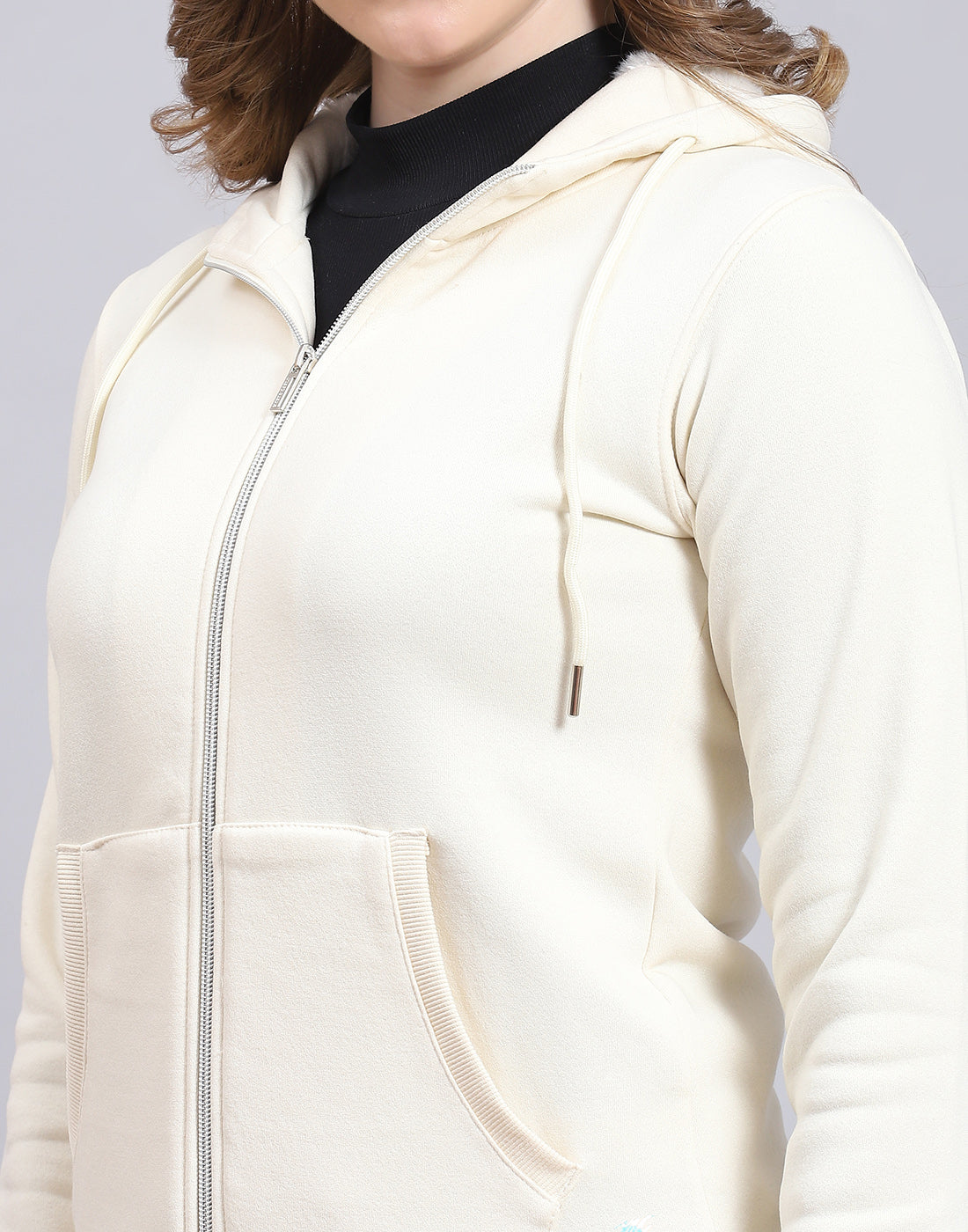 Women Cream Solid Hooded Full Sleeve Sweatshirt