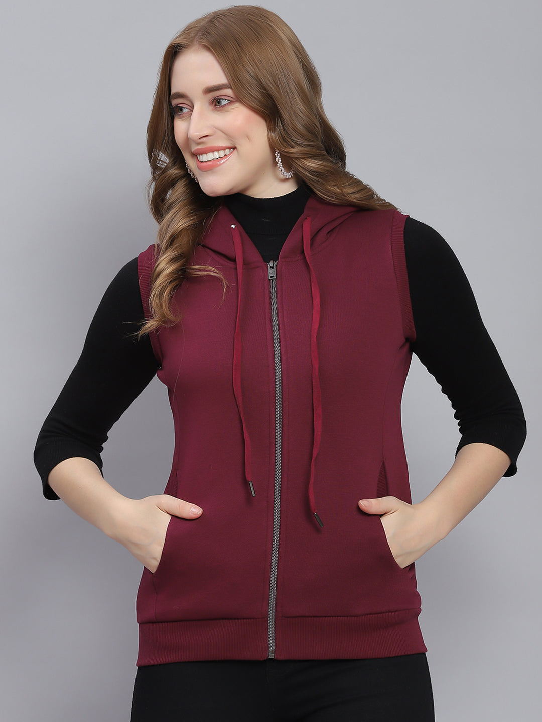 Women Maroon Solid Hooded Sleeveless Sweatshirts