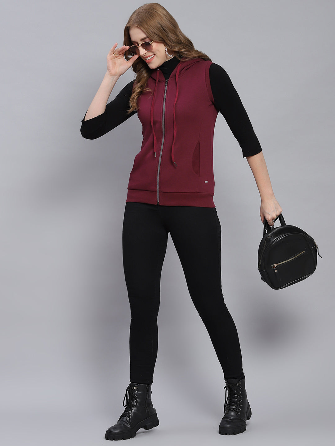 Women Maroon Solid Hooded Sleeveless Sweatshirts