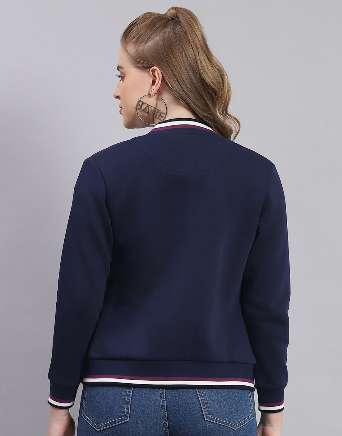 Women Navy Blue Solid Mandarin Collar Full Sleeve Sweatshirt