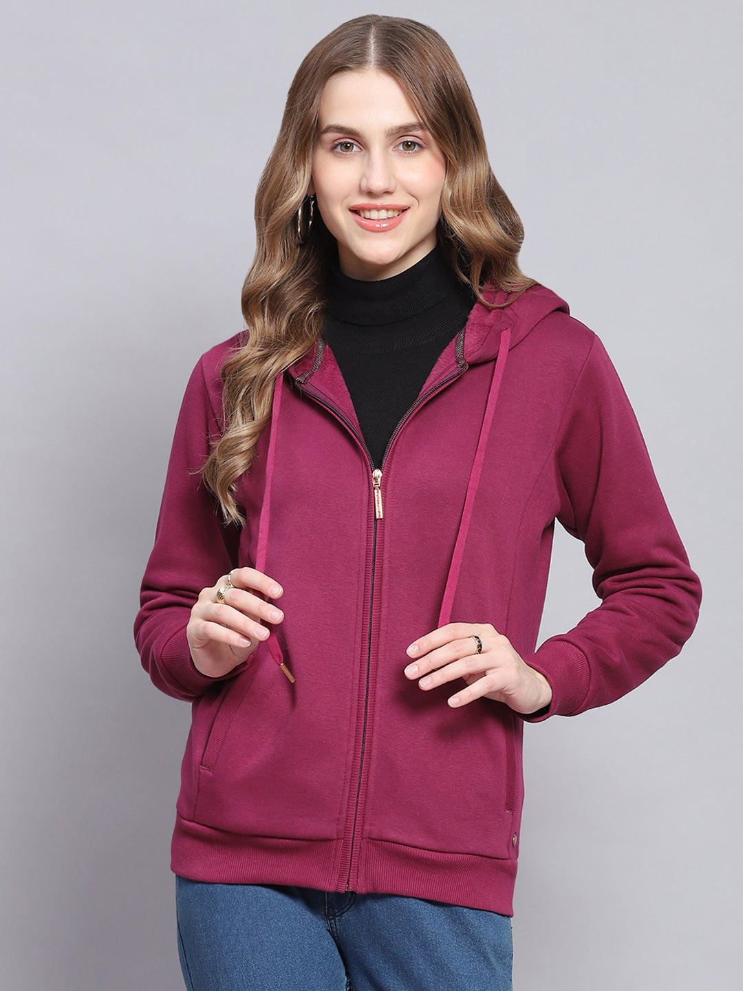 Women Purple Solid Hooded Full Sleeve Sweatshirts