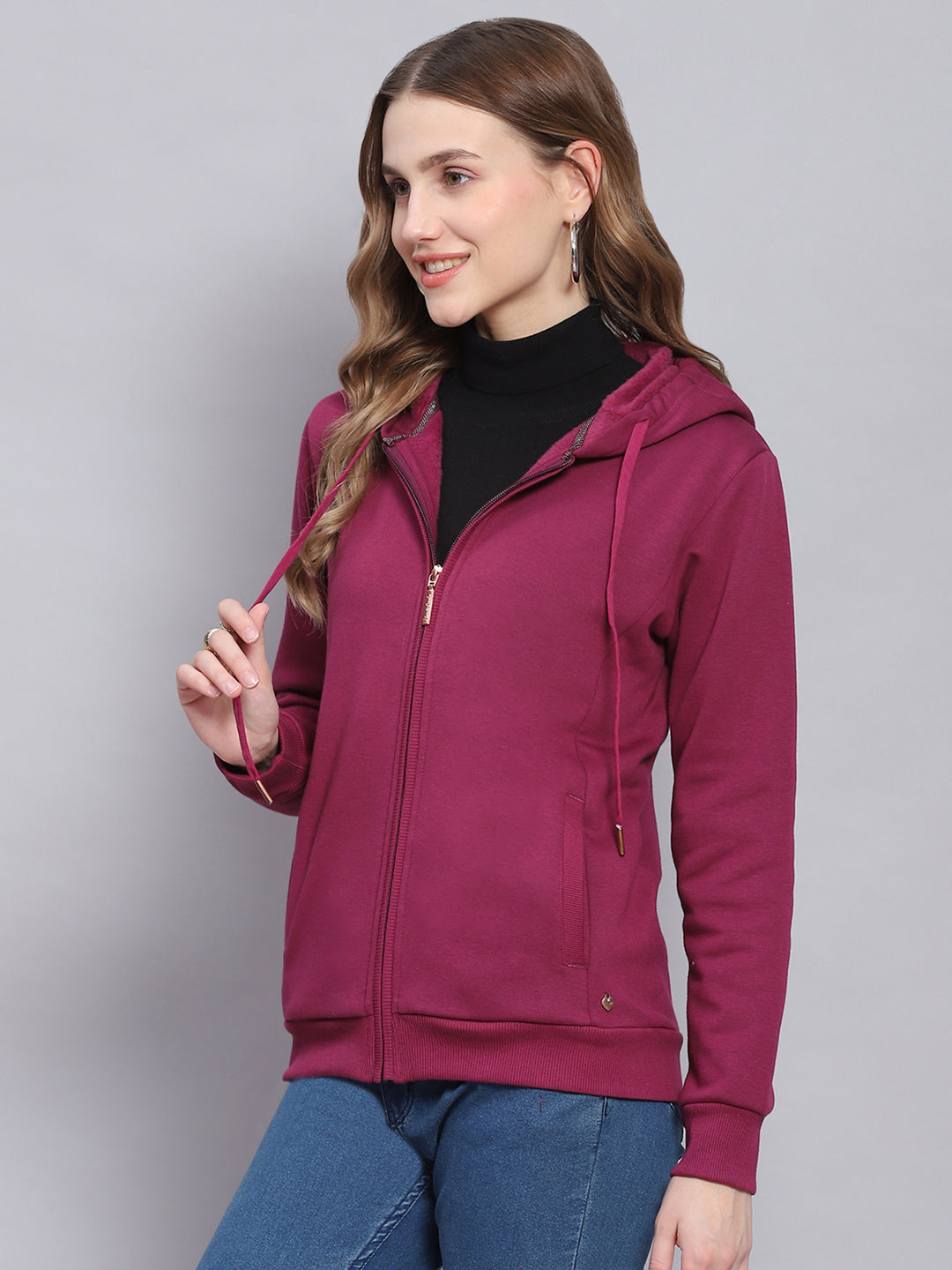 Women Purple Solid Hooded Full Sleeve Sweatshirts