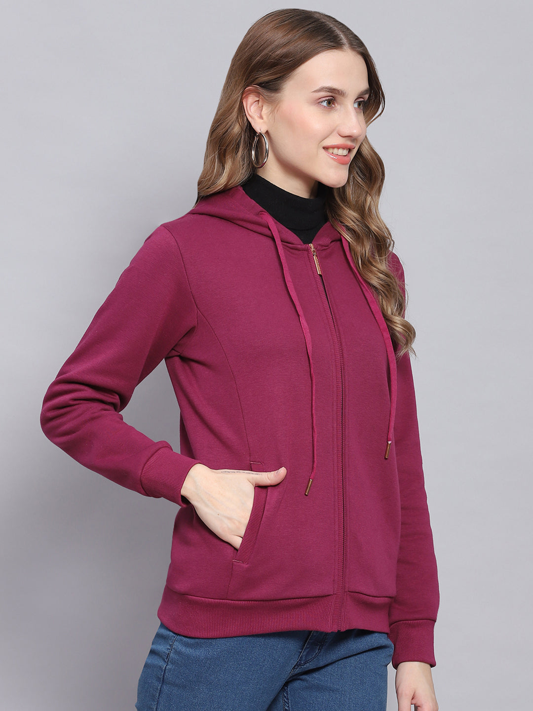 Women Purple Solid Hooded Full Sleeve Sweatshirts