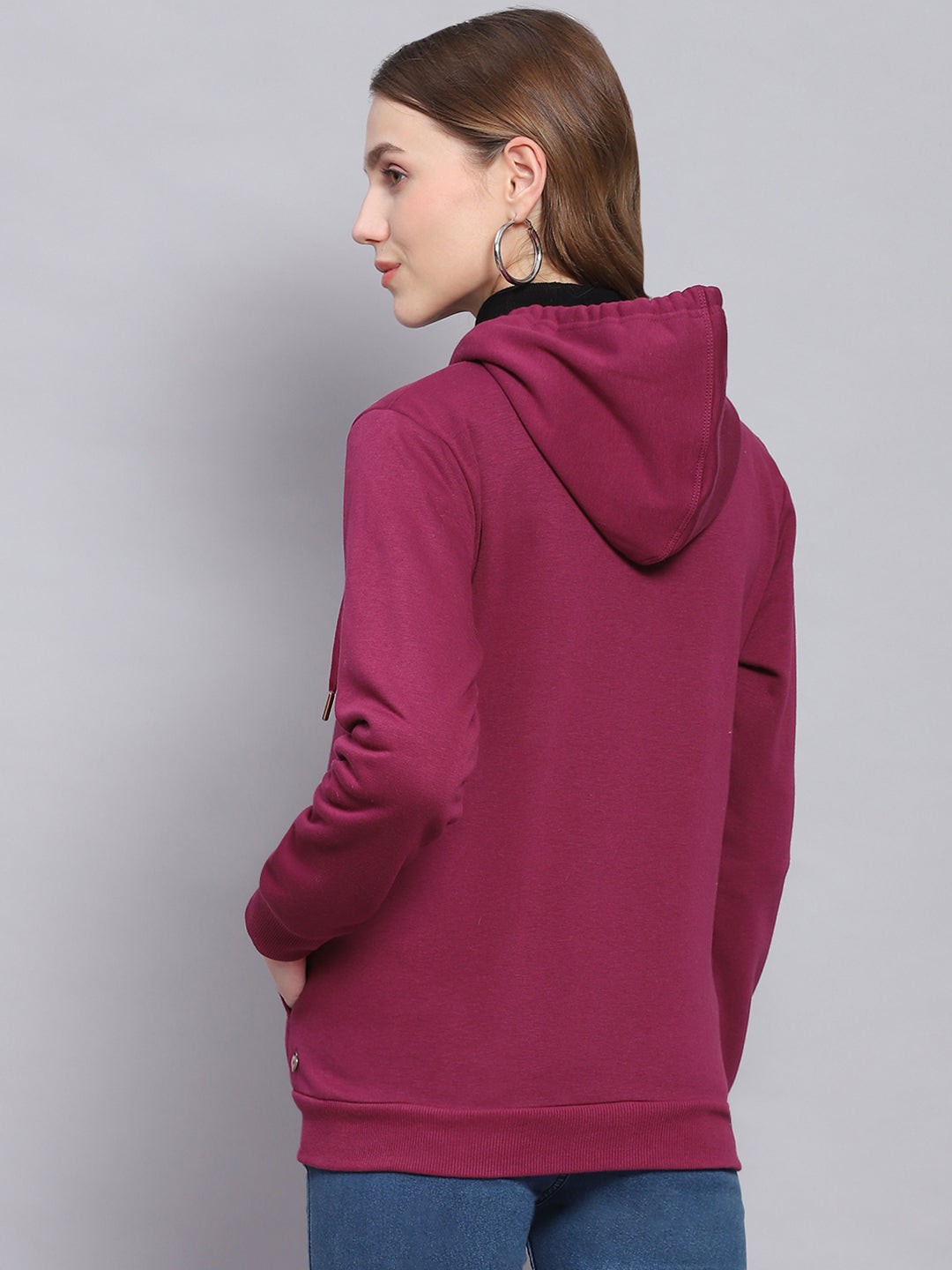 Women Purple Solid Hooded Full Sleeve Sweatshirts