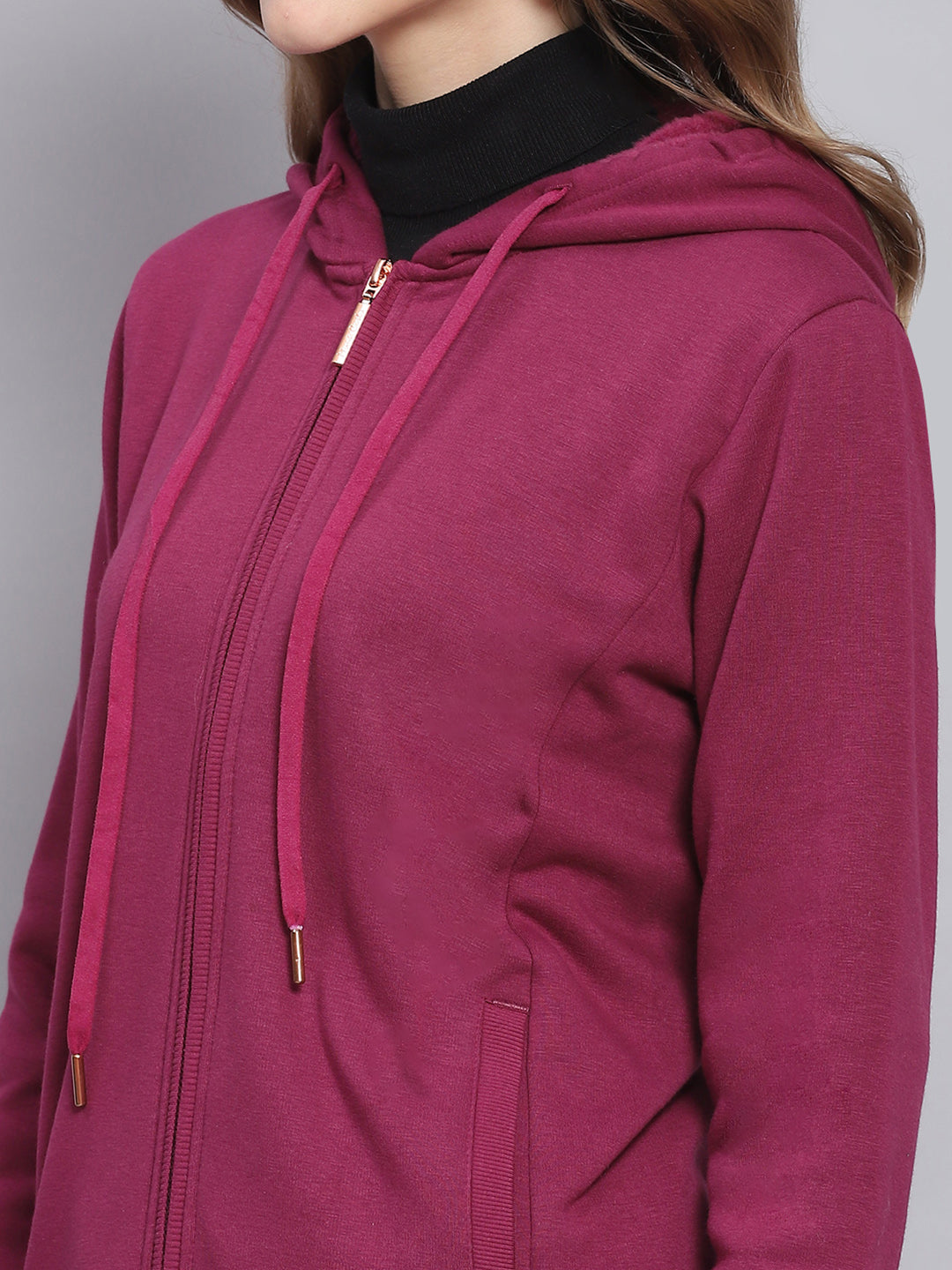 Women Purple Solid Hooded Full Sleeve Sweatshirts