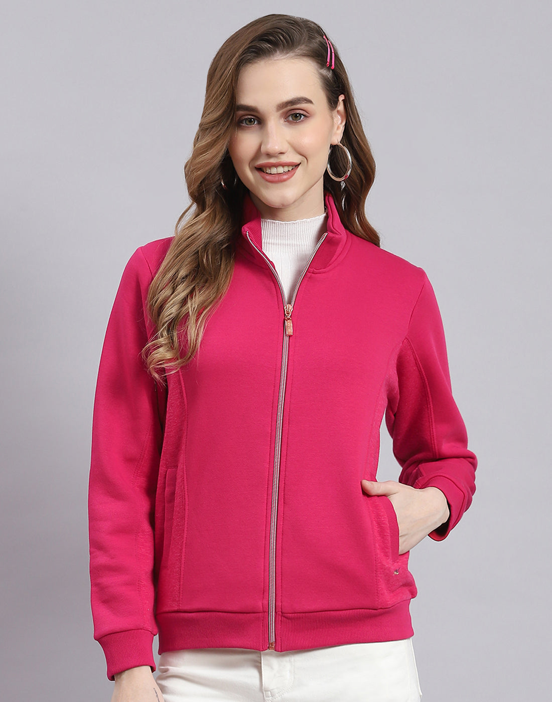 Women Pink Solid Stand Collar Full Sleeve Sweatshirt