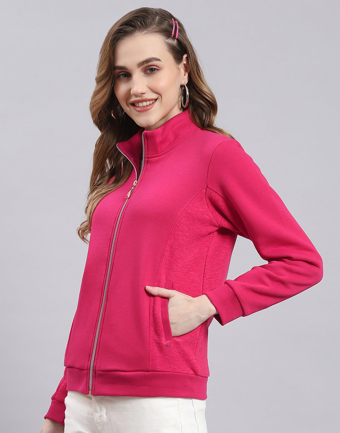 Women Pink Solid Stand Collar Full Sleeve Sweatshirt