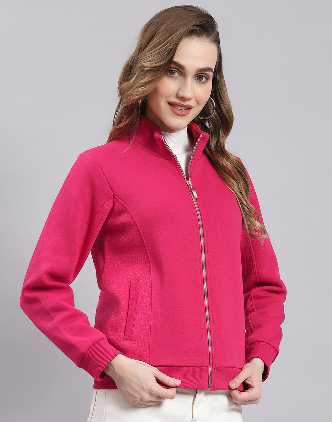 Women Pink Solid Stand Collar Full Sleeve Sweatshirt