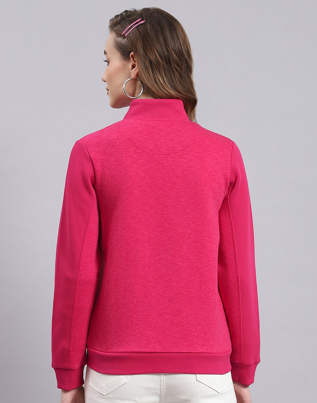 Women Pink Solid Stand Collar Full Sleeve Sweatshirt