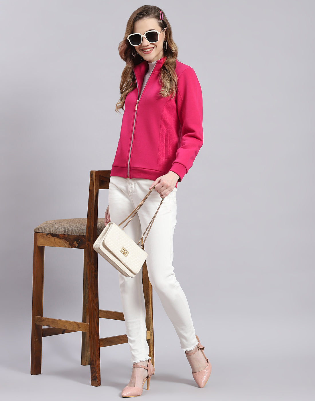 Women Pink Solid Stand Collar Full Sleeve Sweatshirt