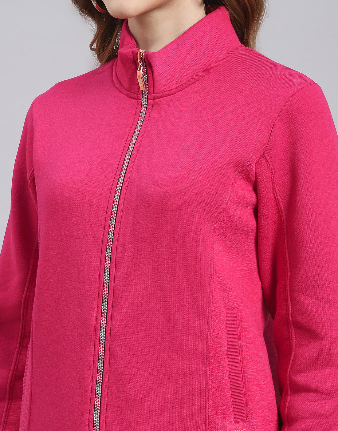 Women Pink Solid Stand Collar Full Sleeve Sweatshirt