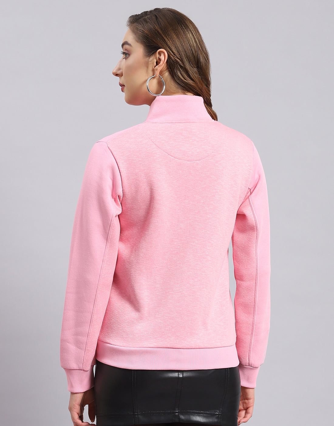 Women Pink Solid Stand Collar Full Sleeve Sweatshirt