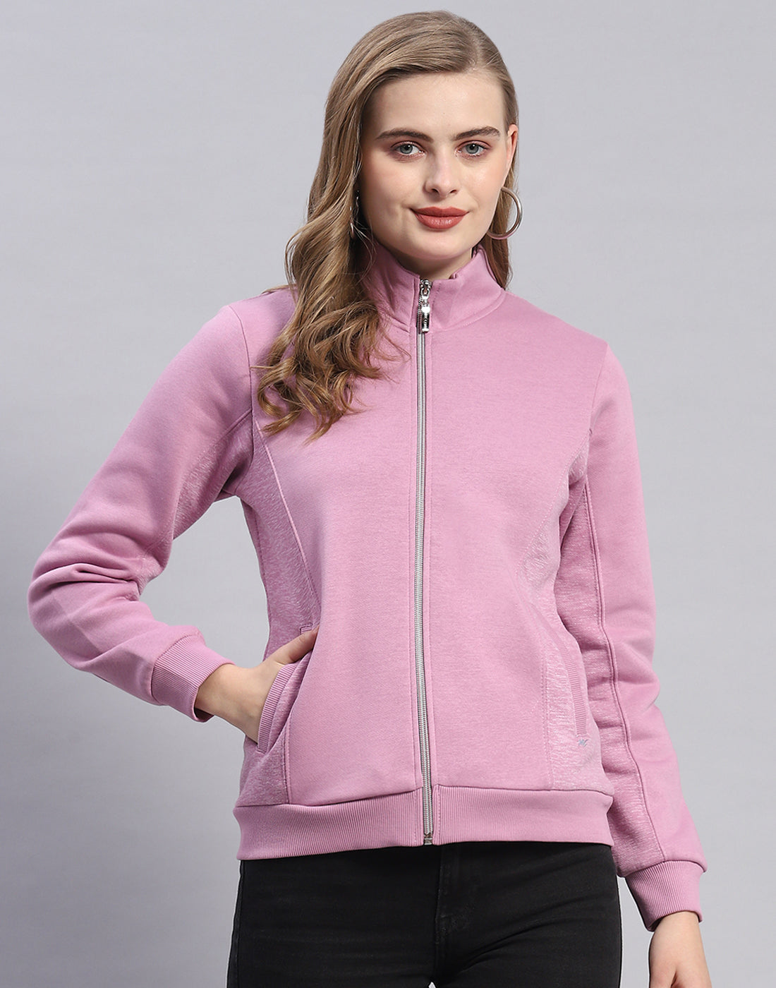 Women Purple Solid Stand Collar Full Sleeve Sweatshirt