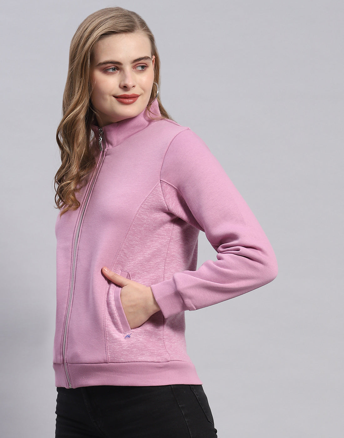 Women Purple Solid Stand Collar Full Sleeve Sweatshirt