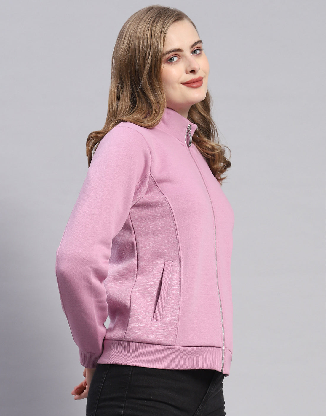 Women Purple Solid Stand Collar Full Sleeve Sweatshirt