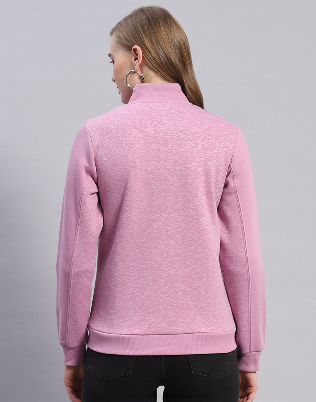 Women Purple Solid Stand Collar Full Sleeve Sweatshirt