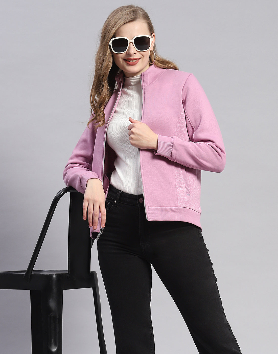 Women Purple Solid Stand Collar Full Sleeve Sweatshirt