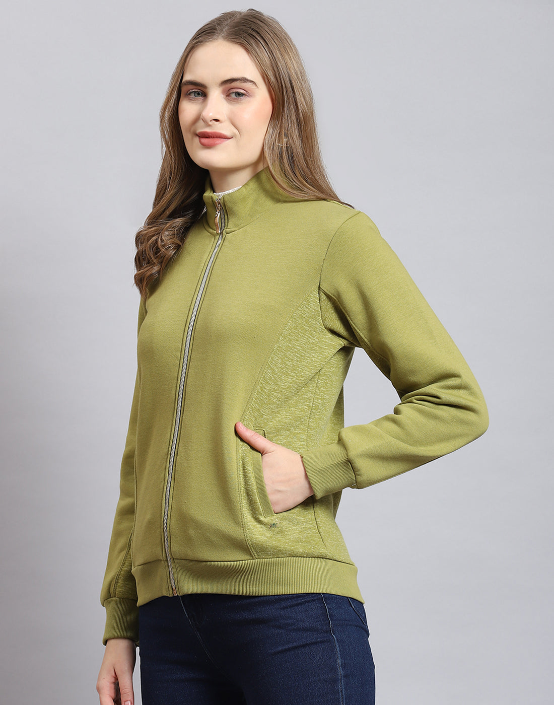 Women Olive Solid Stand Collar Full Sleeve Sweatshirt