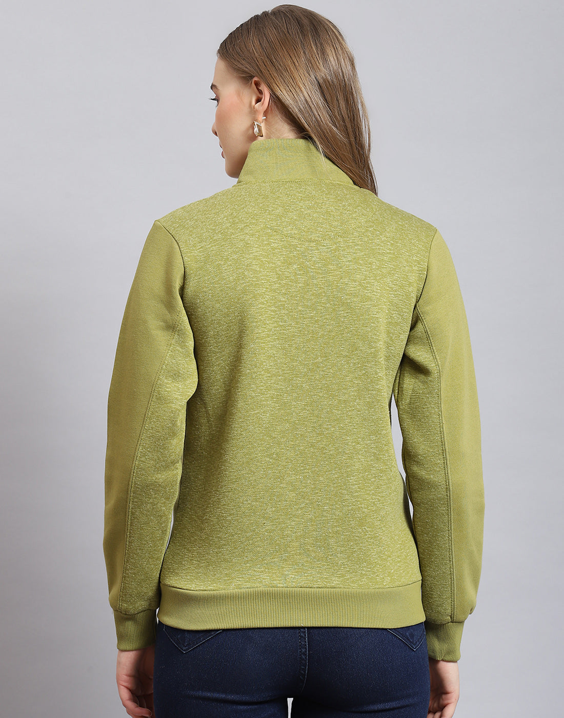 Women Olive Solid Stand Collar Full Sleeve Sweatshirt