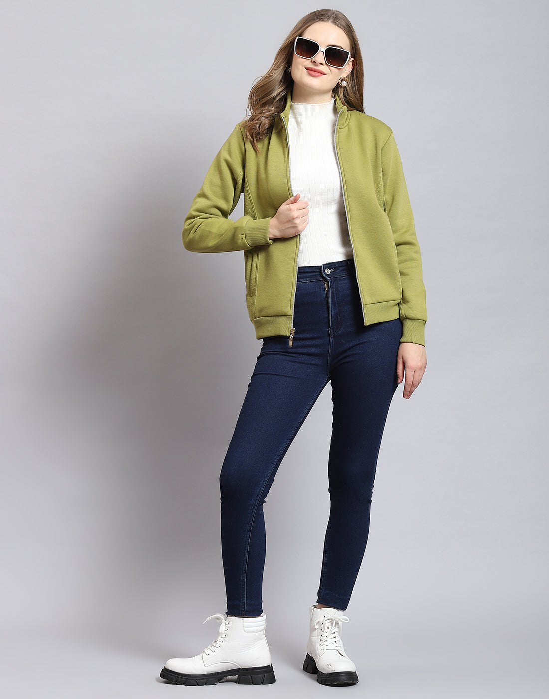 Women Olive Solid Stand Collar Full Sleeve Sweatshirt