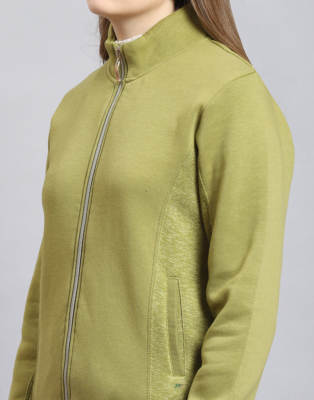 Women Olive Solid Stand Collar Full Sleeve Sweatshirt