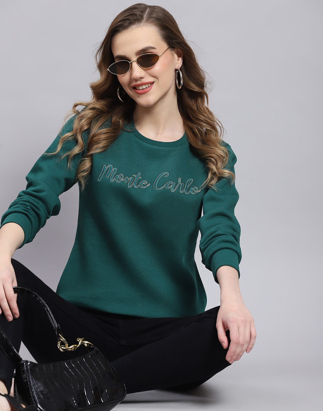 Women Teal Blue Embroidered Round Neck Full Sleeve Sweatshirt