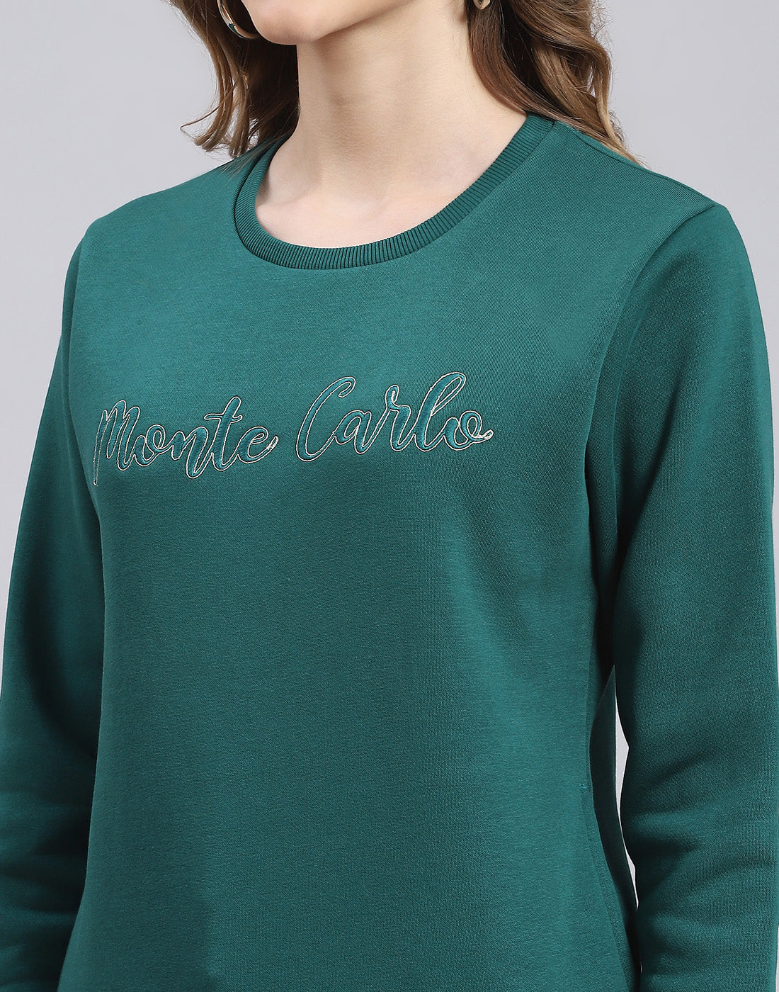 Women Teal Blue Embroidered Round Neck Full Sleeve Sweatshirt