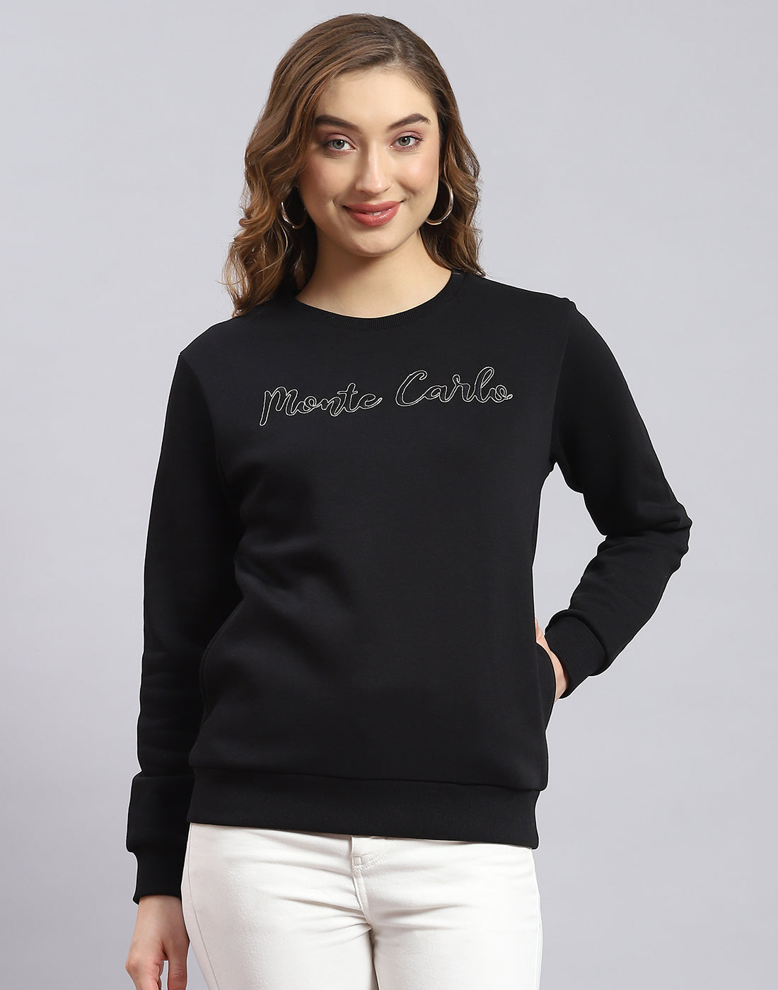 Women Black Embroidered Round Neck Full Sleeve Sweatshirt