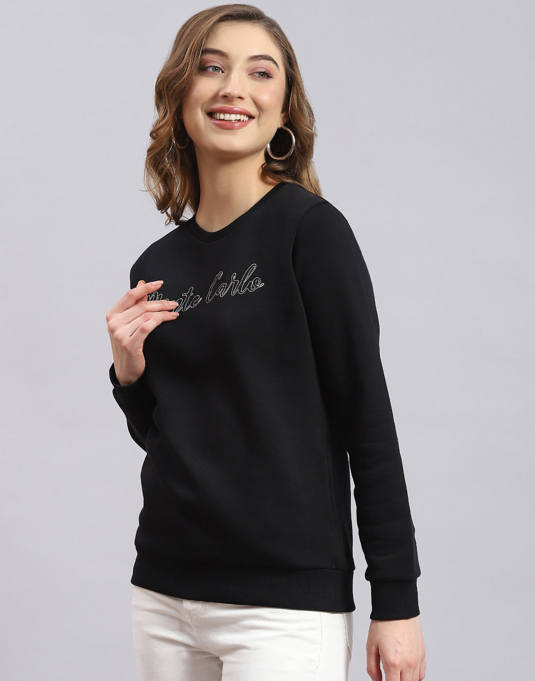 Women Black Embroidered Round Neck Full Sleeve Sweatshirt