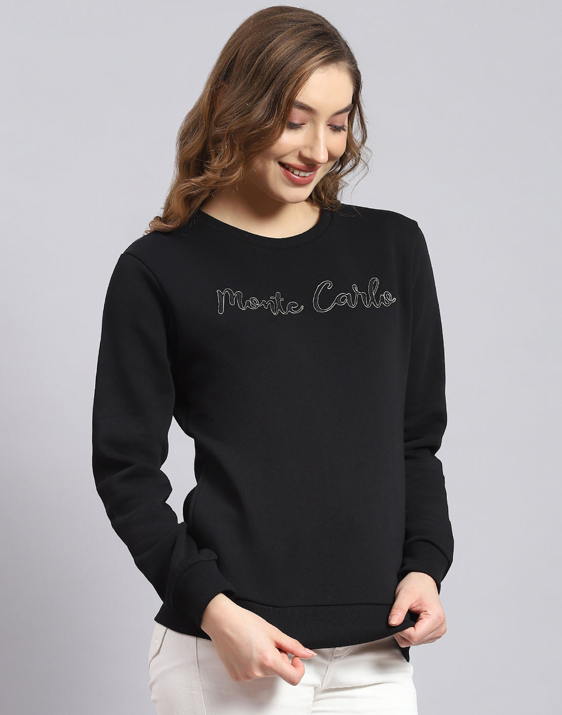 Women Black Embroidered Round Neck Full Sleeve Sweatshirt