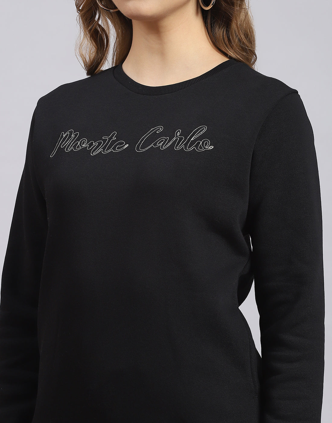 Women Black Embroidered Round Neck Full Sleeve Sweatshirt