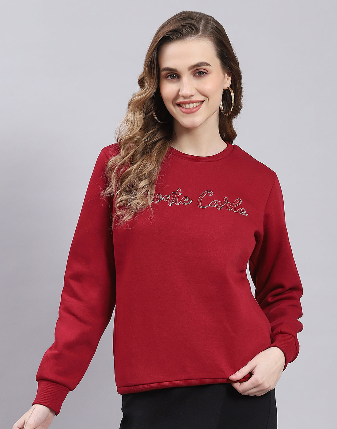 Women Maroon Embroidered Round Neck Full Sleeve Sweatshirt