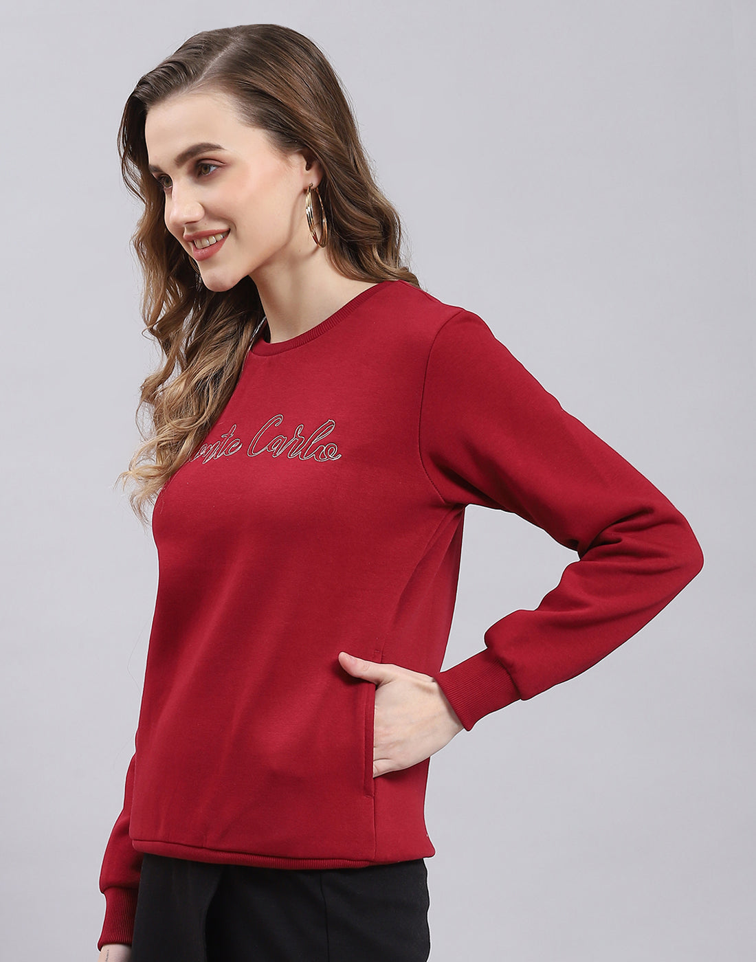 Women Maroon Embroidered Round Neck Full Sleeve Sweatshirt