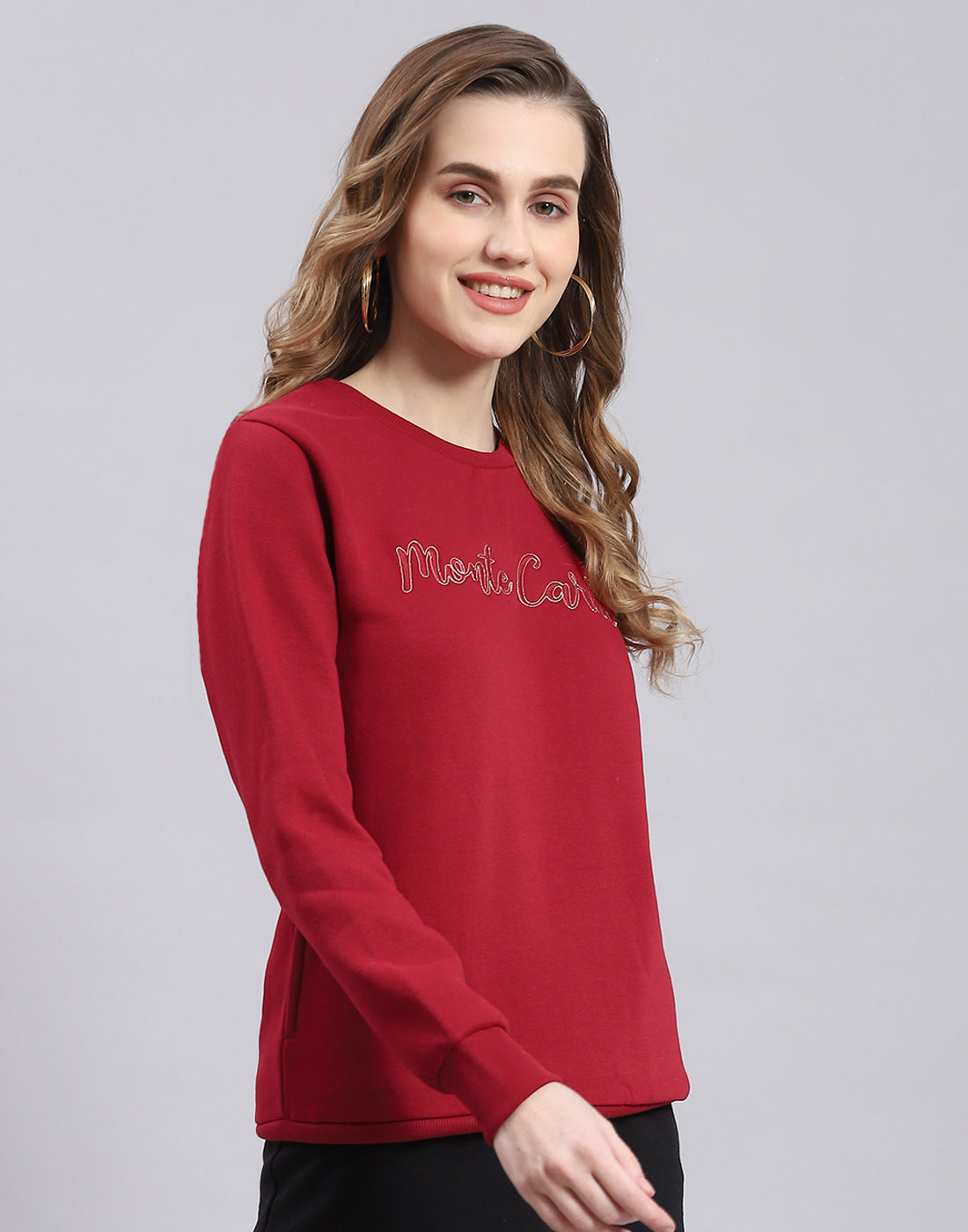 Women Maroon Embroidered Round Neck Full Sleeve Sweatshirt