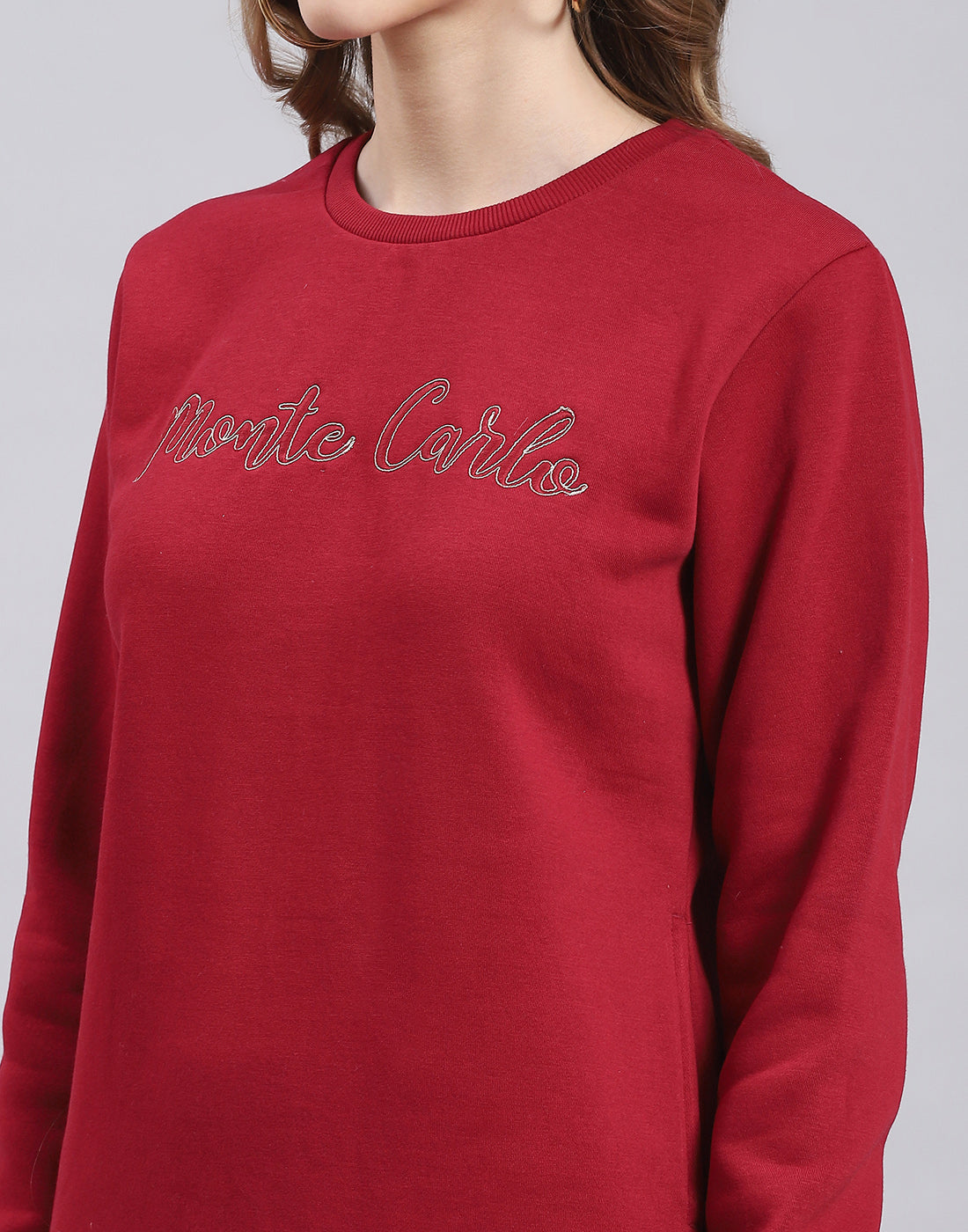 Women Maroon Embroidered Round Neck Full Sleeve Sweatshirt