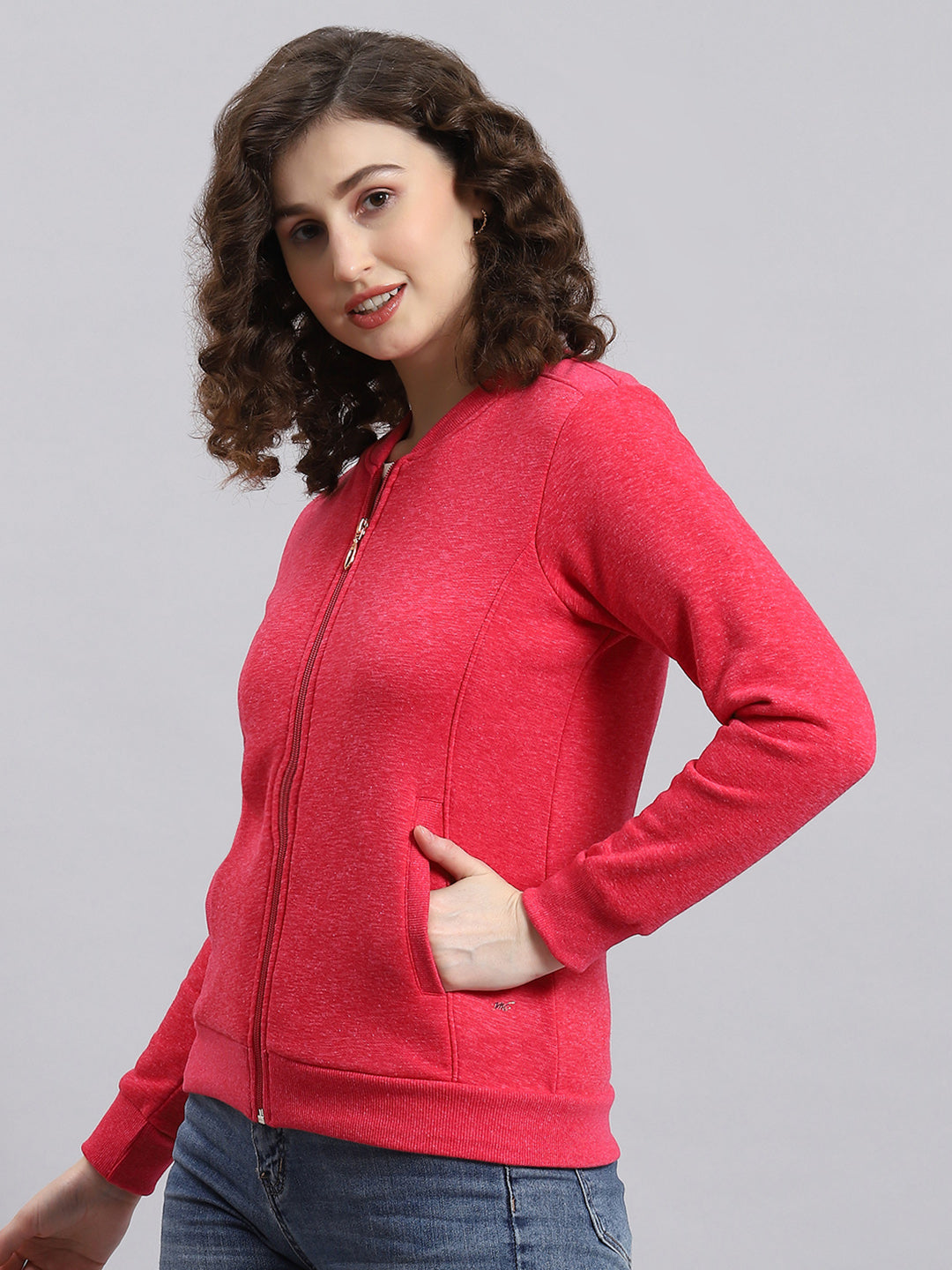 Women Pink Solid Mandarin Collar Full Sleeve Sweatshirt