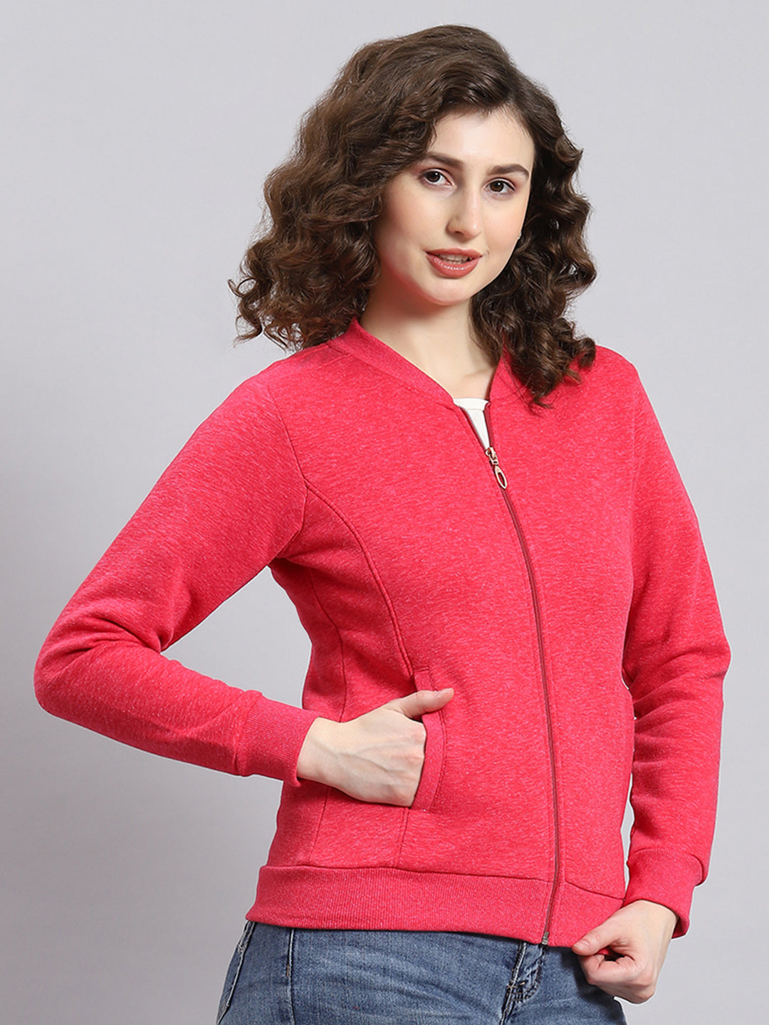 Women Pink Solid Mandarin Collar Full Sleeve Sweatshirt