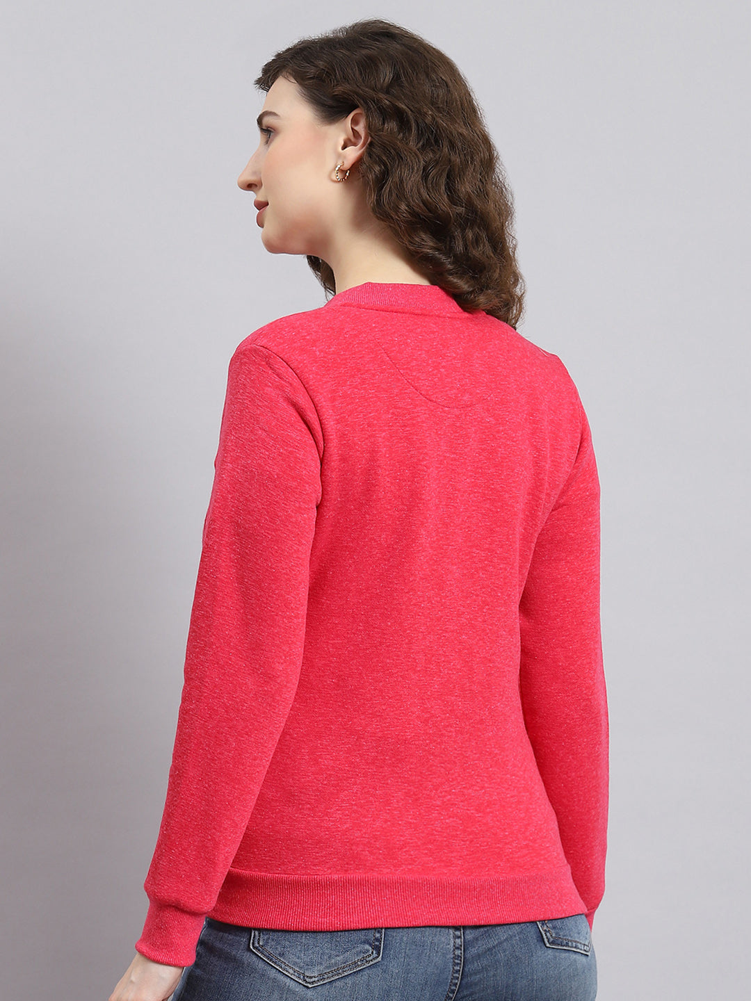 Women Pink Solid Mandarin Collar Full Sleeve Sweatshirt