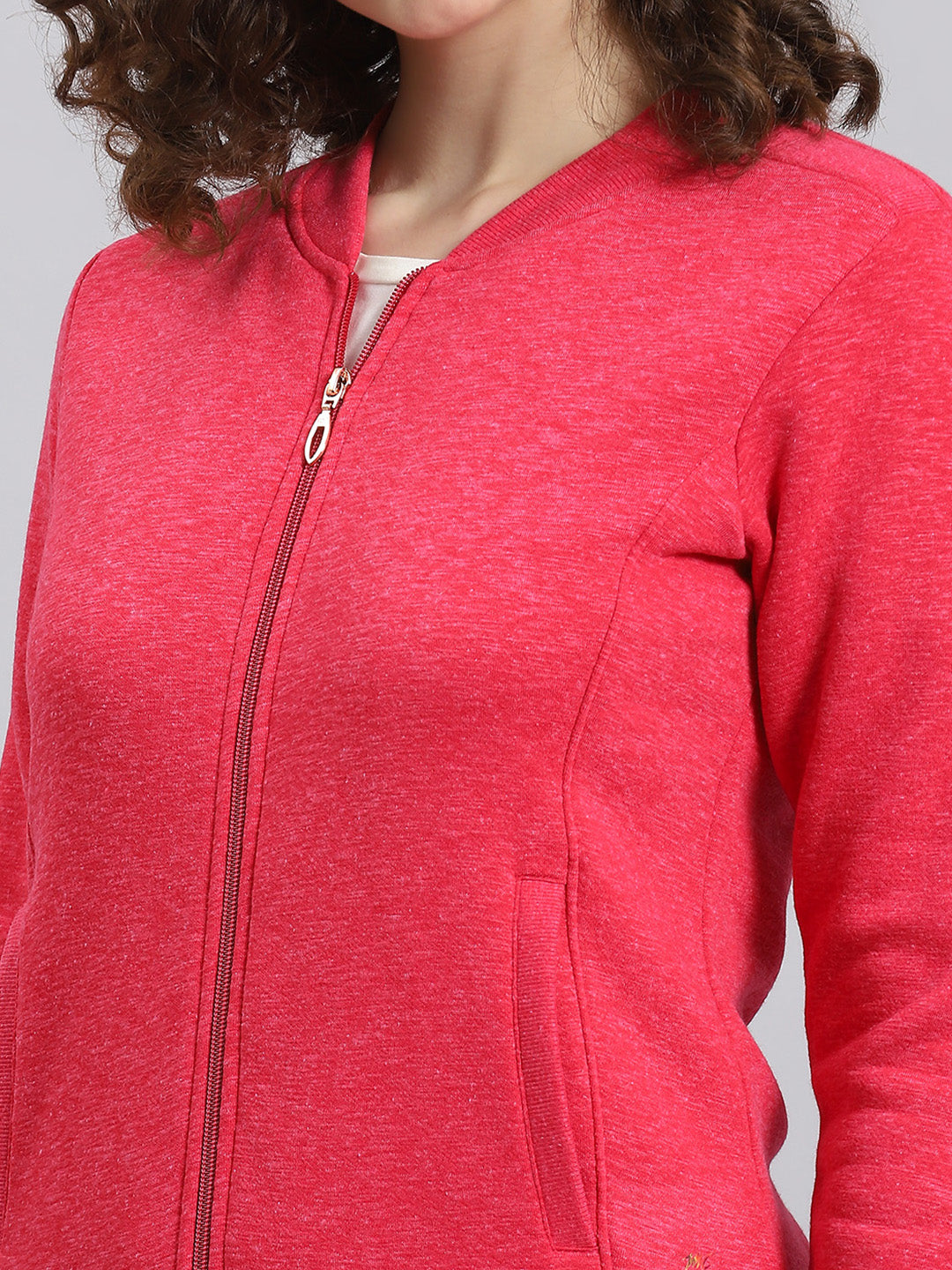 Women Pink Solid Mandarin Collar Full Sleeve Sweatshirt