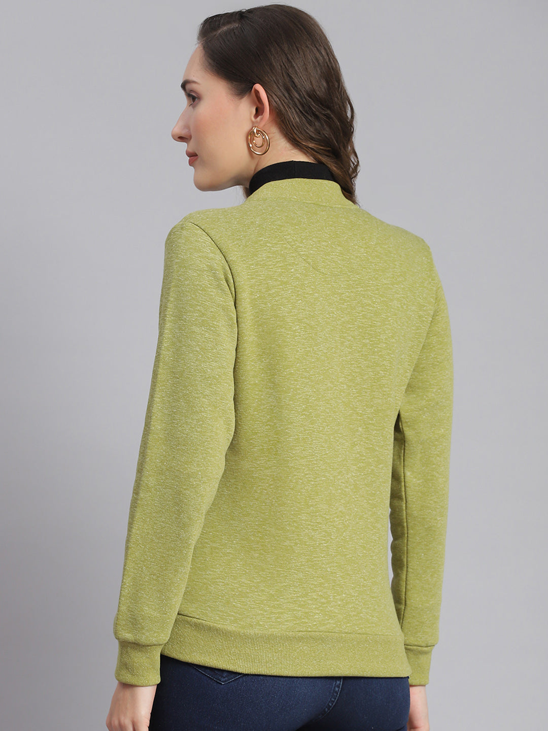 Women Green Solid Mandarin Collar Full Sleeve Sweatshirts