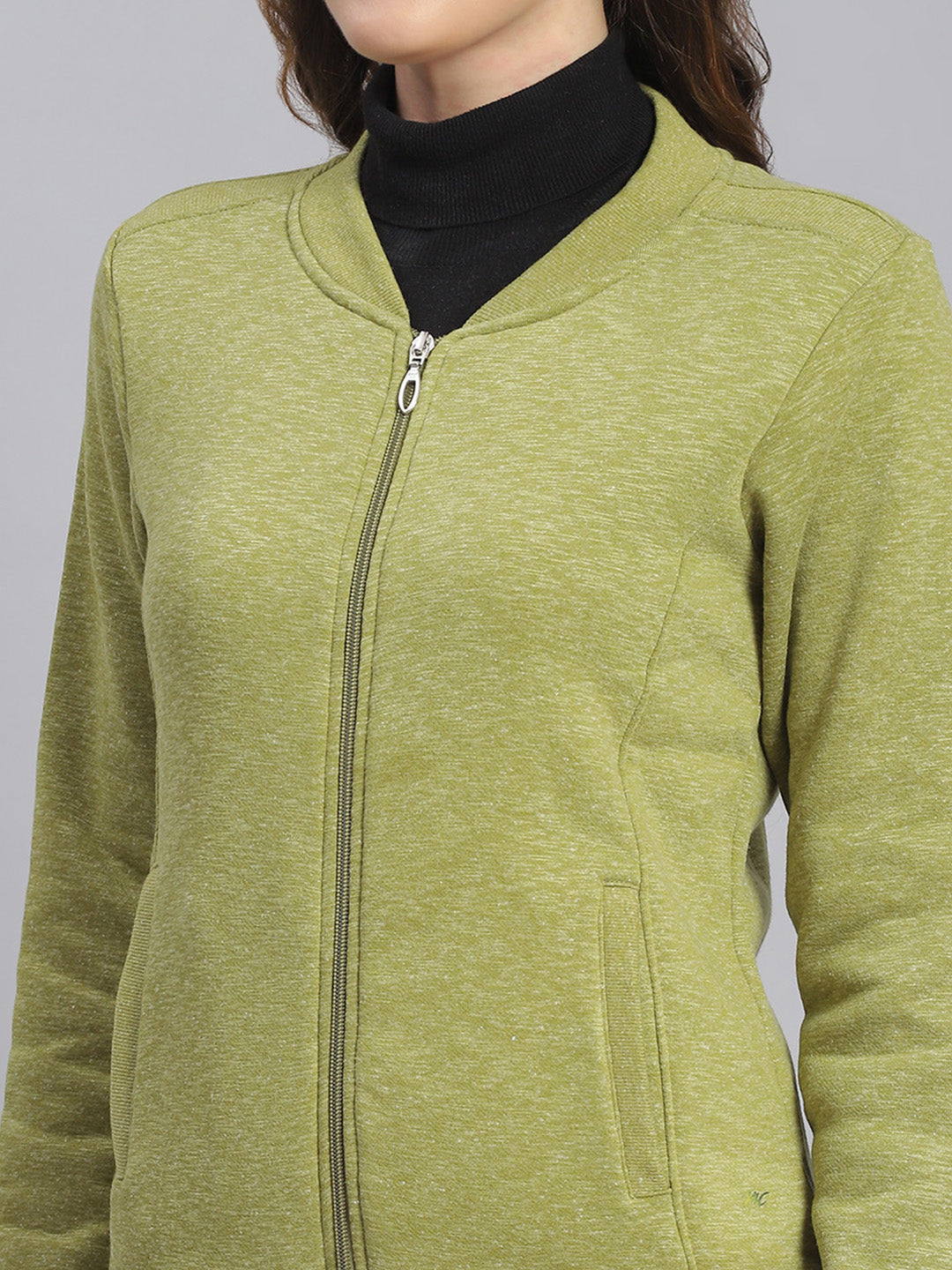 Women Green Solid Mandarin Collar Full Sleeve Sweatshirts