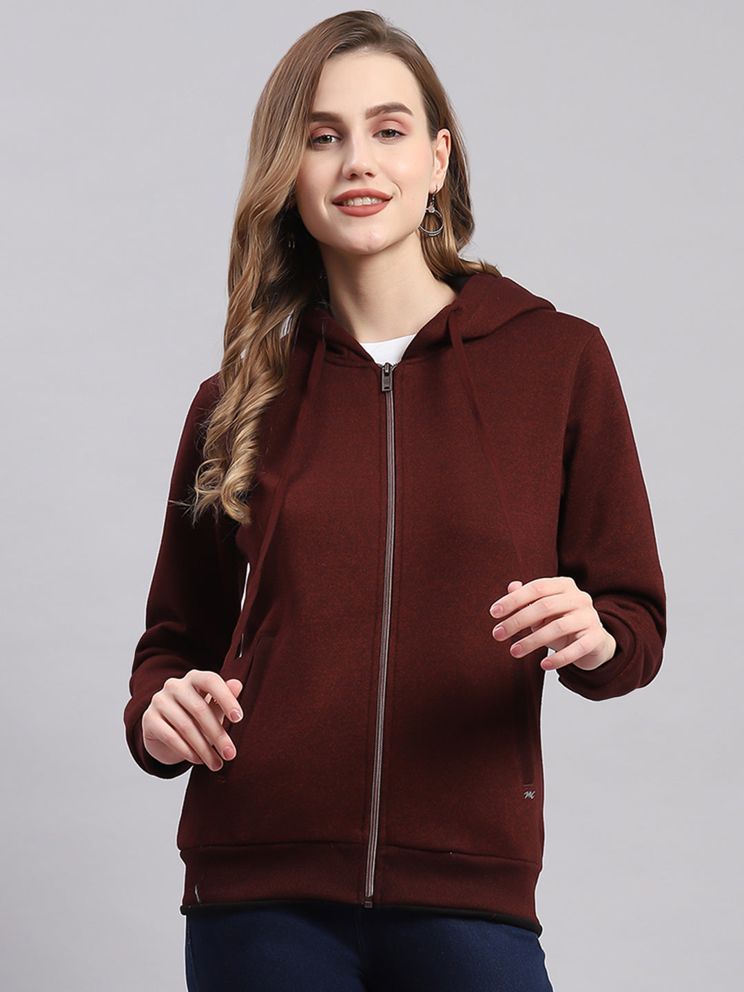 Women Maroon Solid Hooded Full Sleeve Sweatshirts