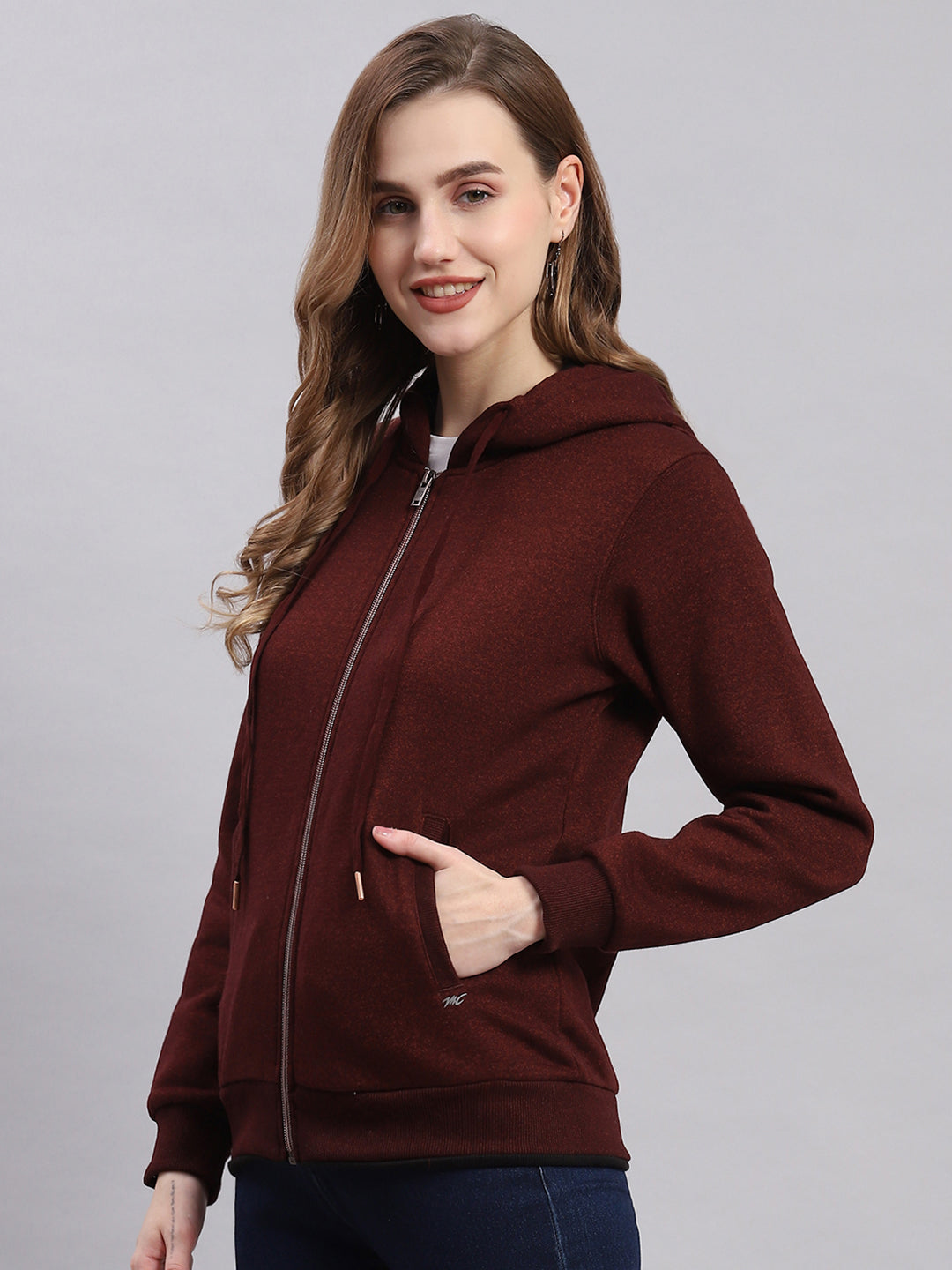 Women Maroon Solid Hooded Full Sleeve Sweatshirts