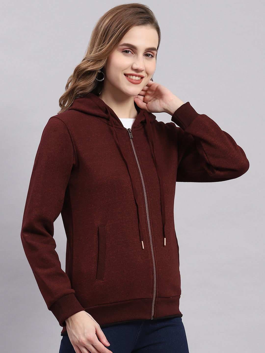 Women Maroon Solid Hooded Full Sleeve Sweatshirts