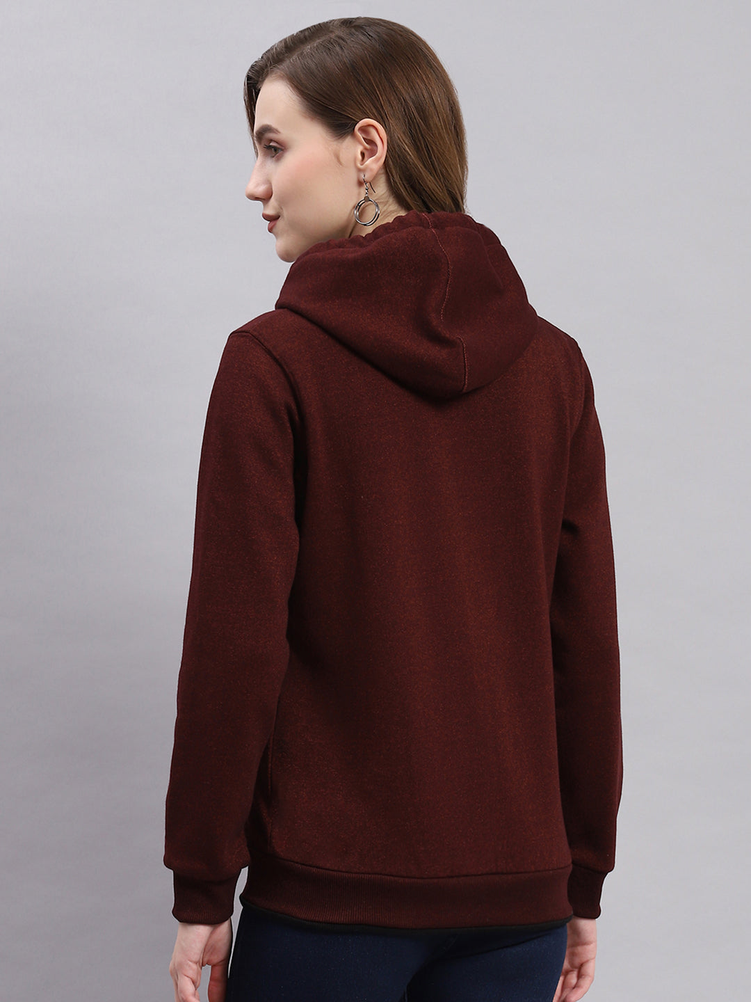 Women Maroon Solid Hooded Full Sleeve Sweatshirts