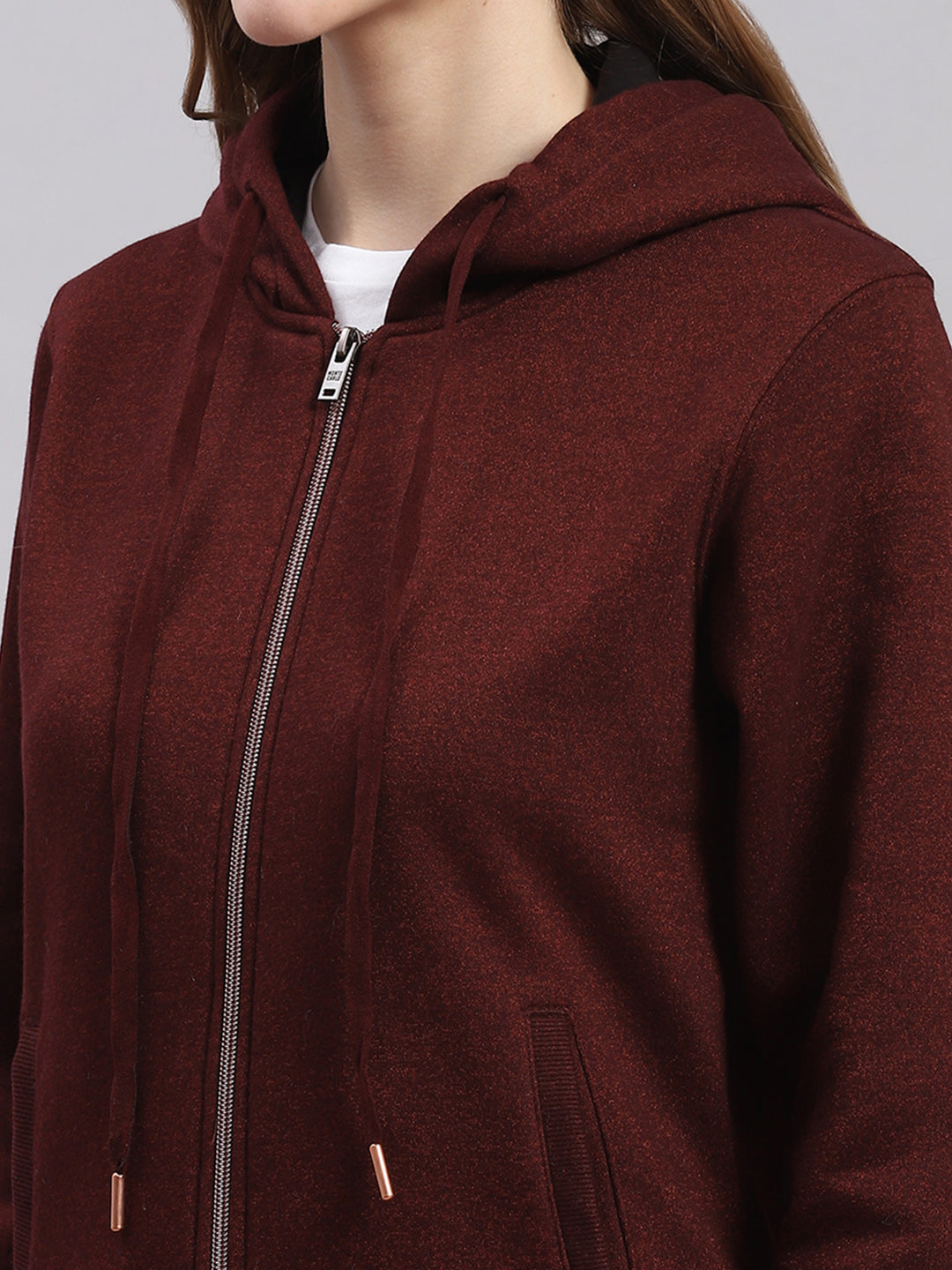 Women Maroon Solid Hooded Full Sleeve Sweatshirts