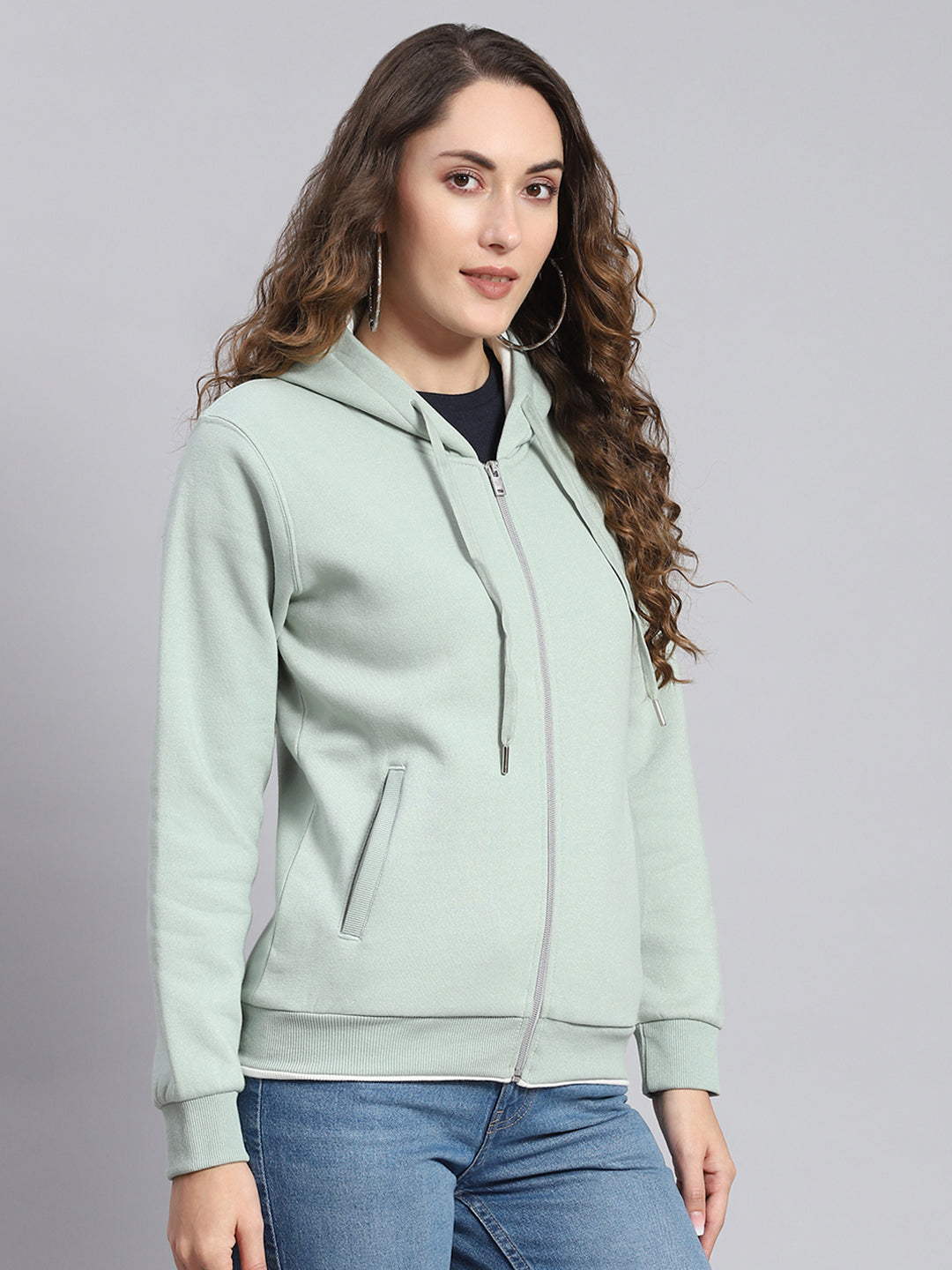 Women Green Embroidered Hooded Full Sleeve Sweatshirts