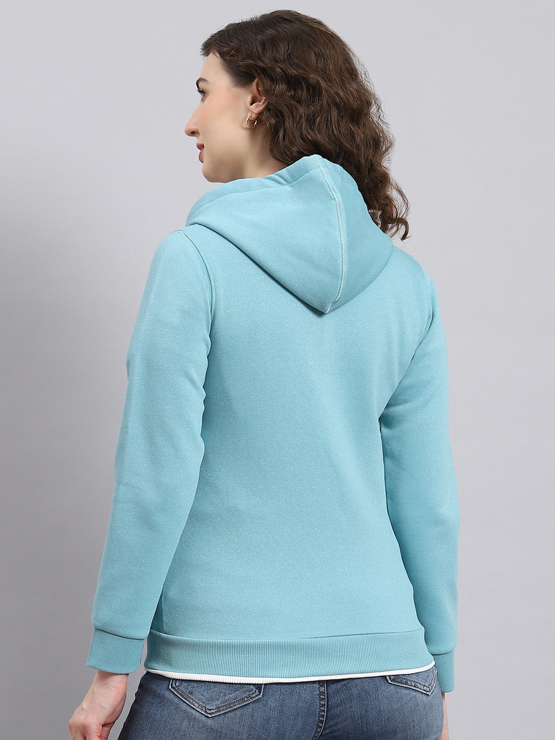 Women Aqua Blue Solid Hooded Full Sleeve Sweatshirt