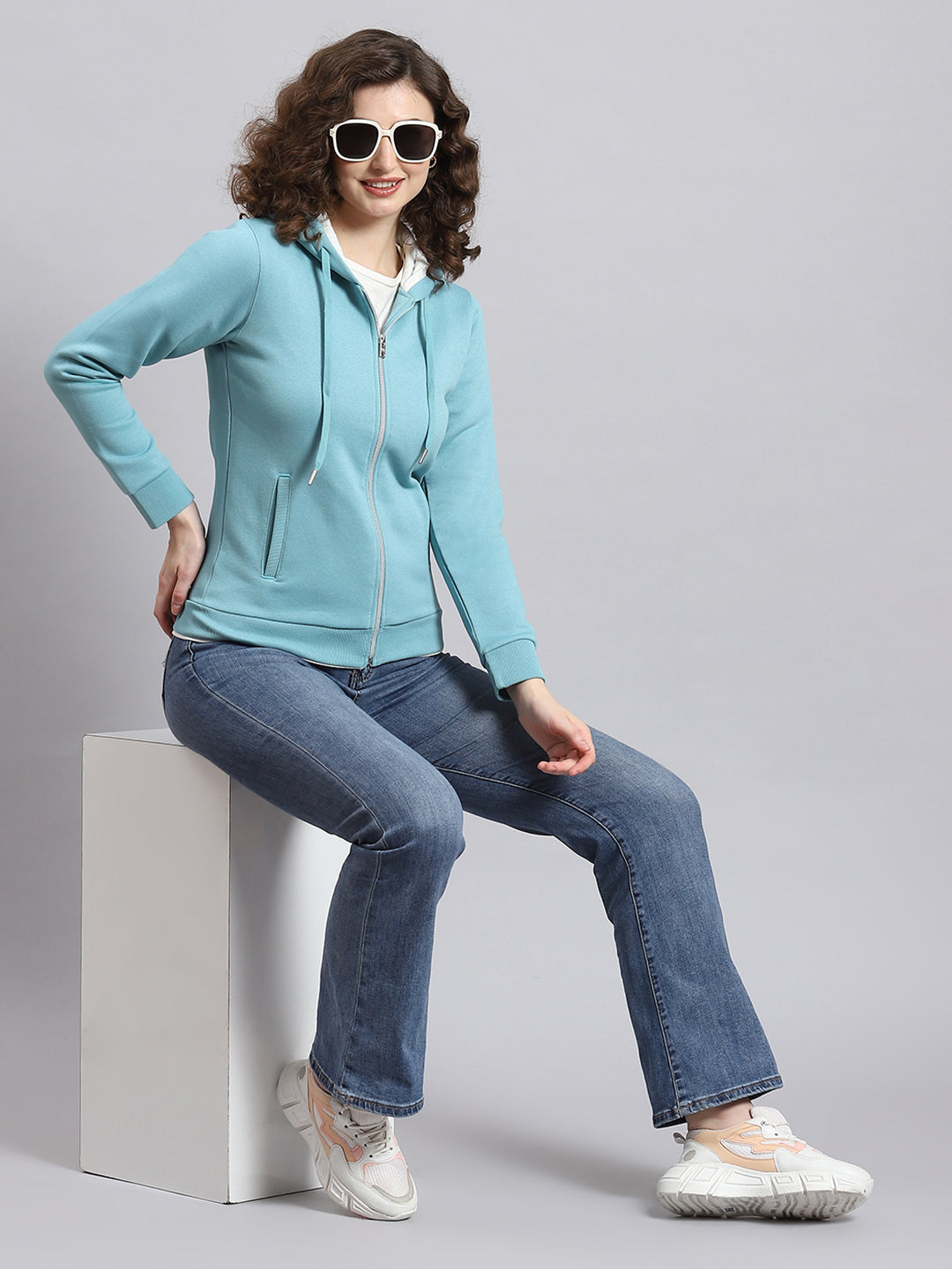 Women Aqua Blue Solid Hooded Full Sleeve Sweatshirt